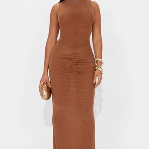 Brown Sleeveless Ruched Maxi Dress